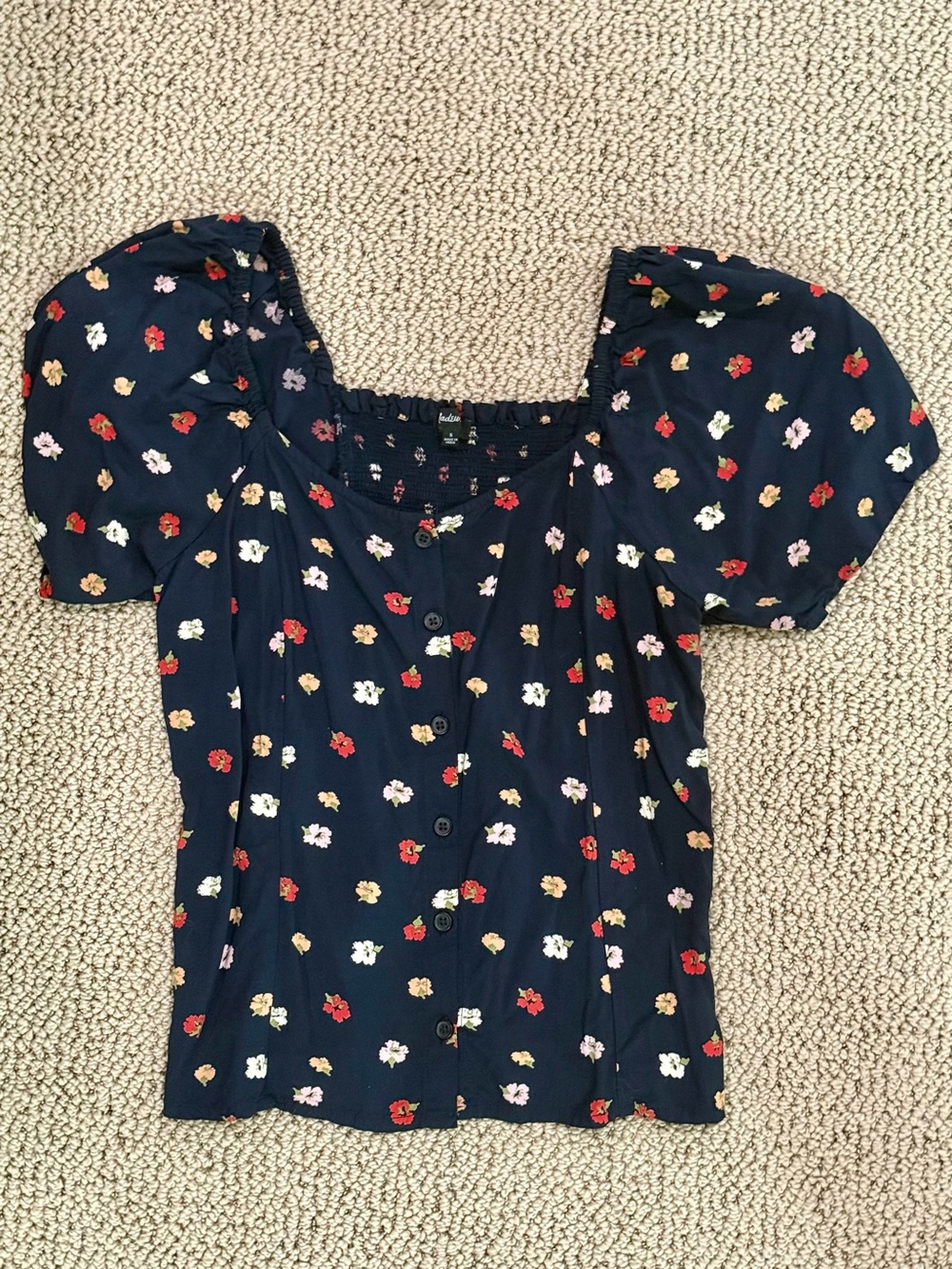 Madewell Smocked Square Neck Navy Floral Puff Sleeve Top